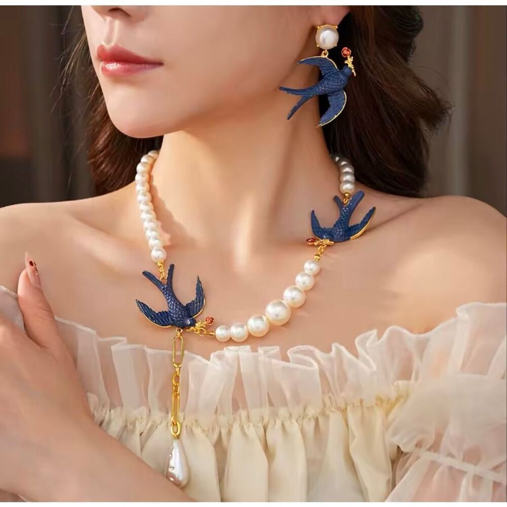 Statement Blue Swallow Pearl Necklace Earrings Set Elegant Vintage Style Jewelry